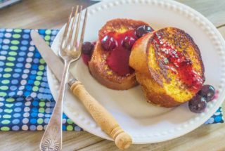 Overnight French Toast with Fresh Blueberry Orange Sauce. French bread slices soaked in custard, remain in refrigerator overnight. In the morning, cook the French bread slices and make easy Blueberry Orange Sauce.